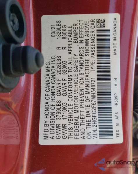 2021 Honda Civic Lx from USA, damaged, VIN 2HGFC2F67MH548721